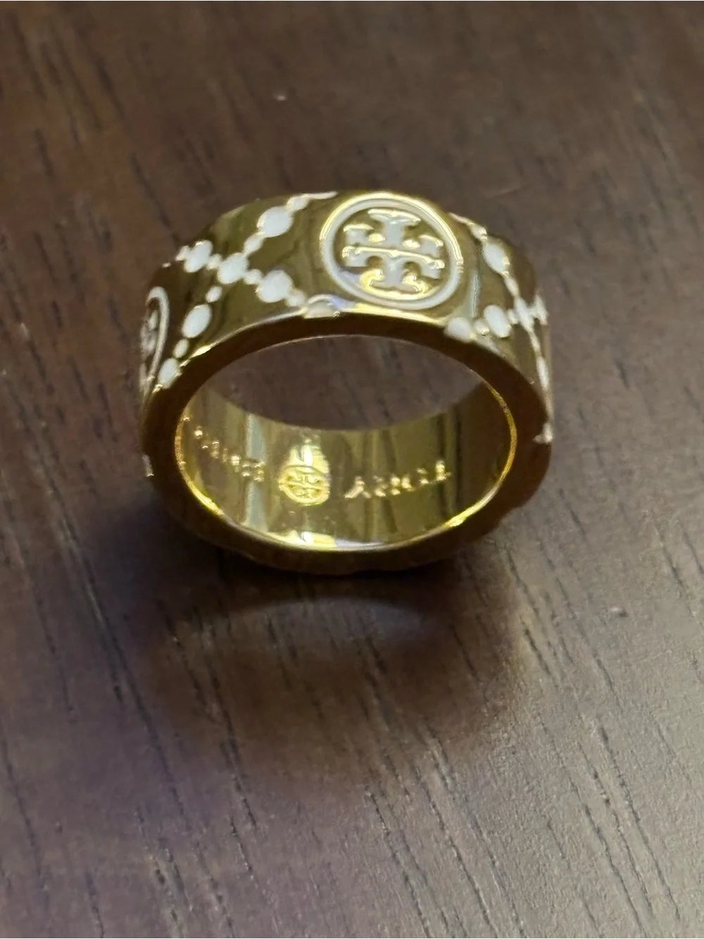 Tory Burch Gold plated Ring with White Enamel Logo Accents